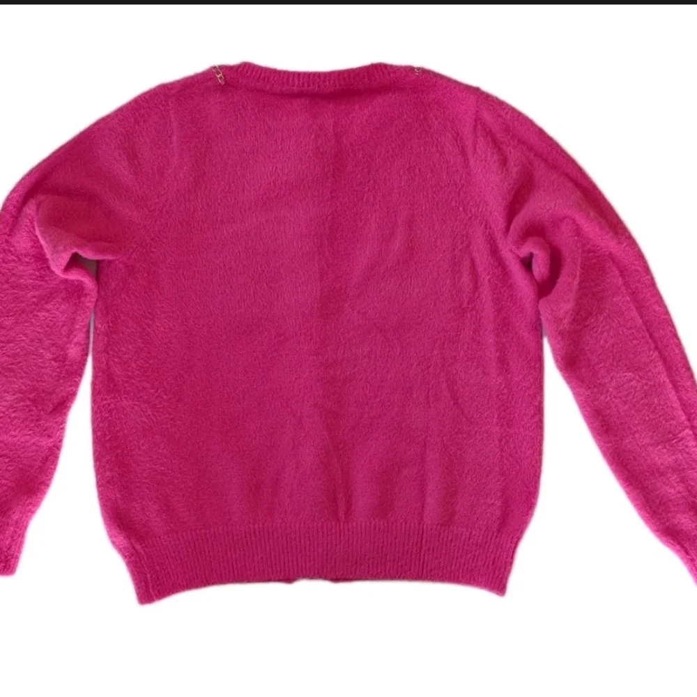 Nanette Lepore Pink Fuzzy Cardigan Medium ‎ Gold Chain Trim/Buttons Real Pockets